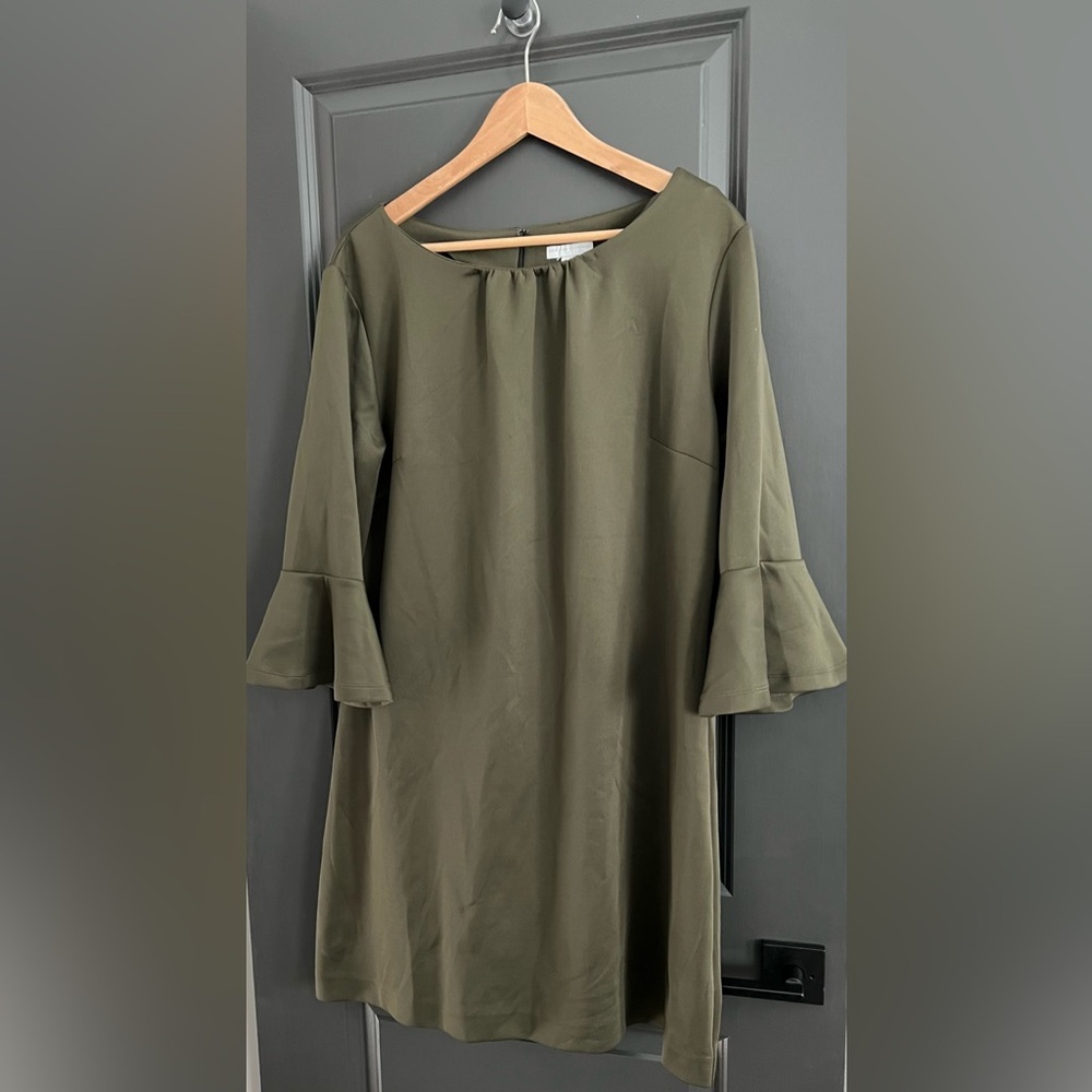 New York & Company Green Sheath Dress with Bateau Neckline and Bell Sleeves